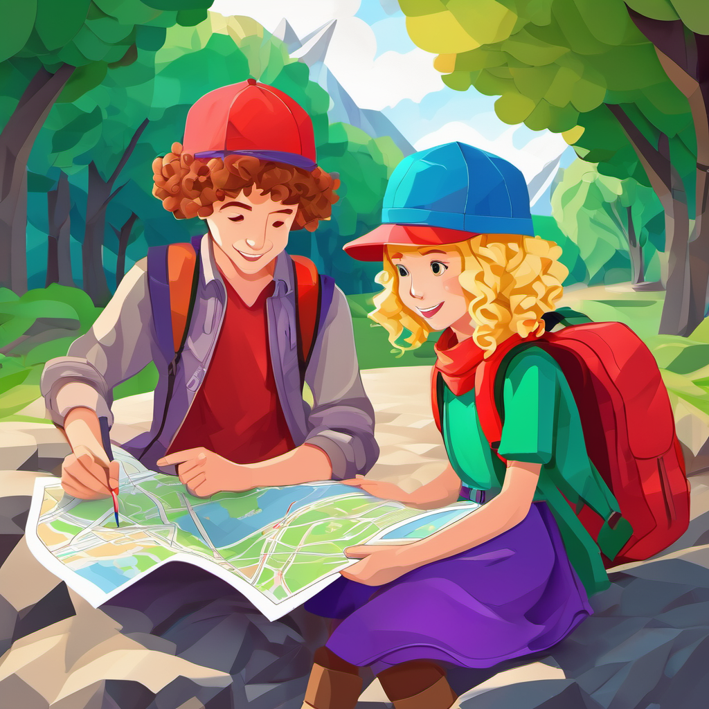 Curly-haired boy with a red backpack and a green hat and Blonde girl with a purple dress and a blue scarf planning their adventure, looking at a map