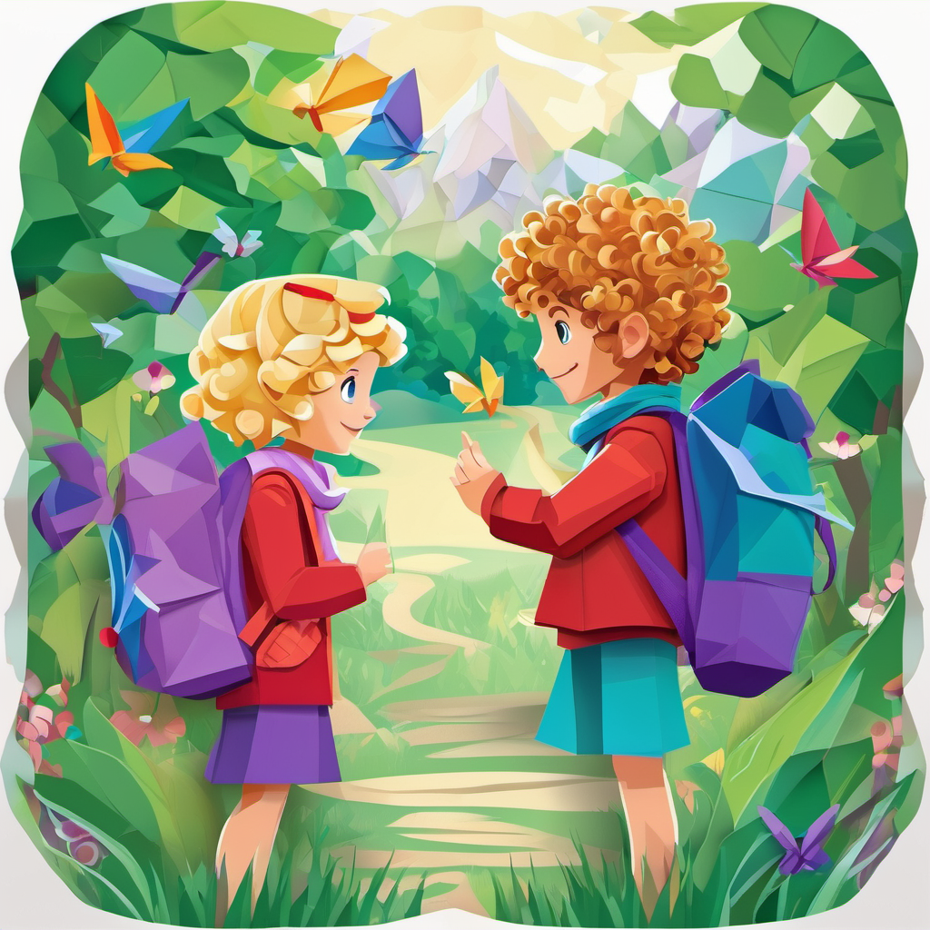 Curly-haired boy with a red backpack and a green hat and Blonde girl with a purple dress and a blue scarf meeting fairies in Elmdale