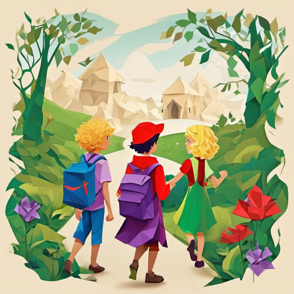 Curly-haired boy with a red backpack and a green hat and Blonde girl with a purple dress and a blue scarf following footprints to find goblins' hideout