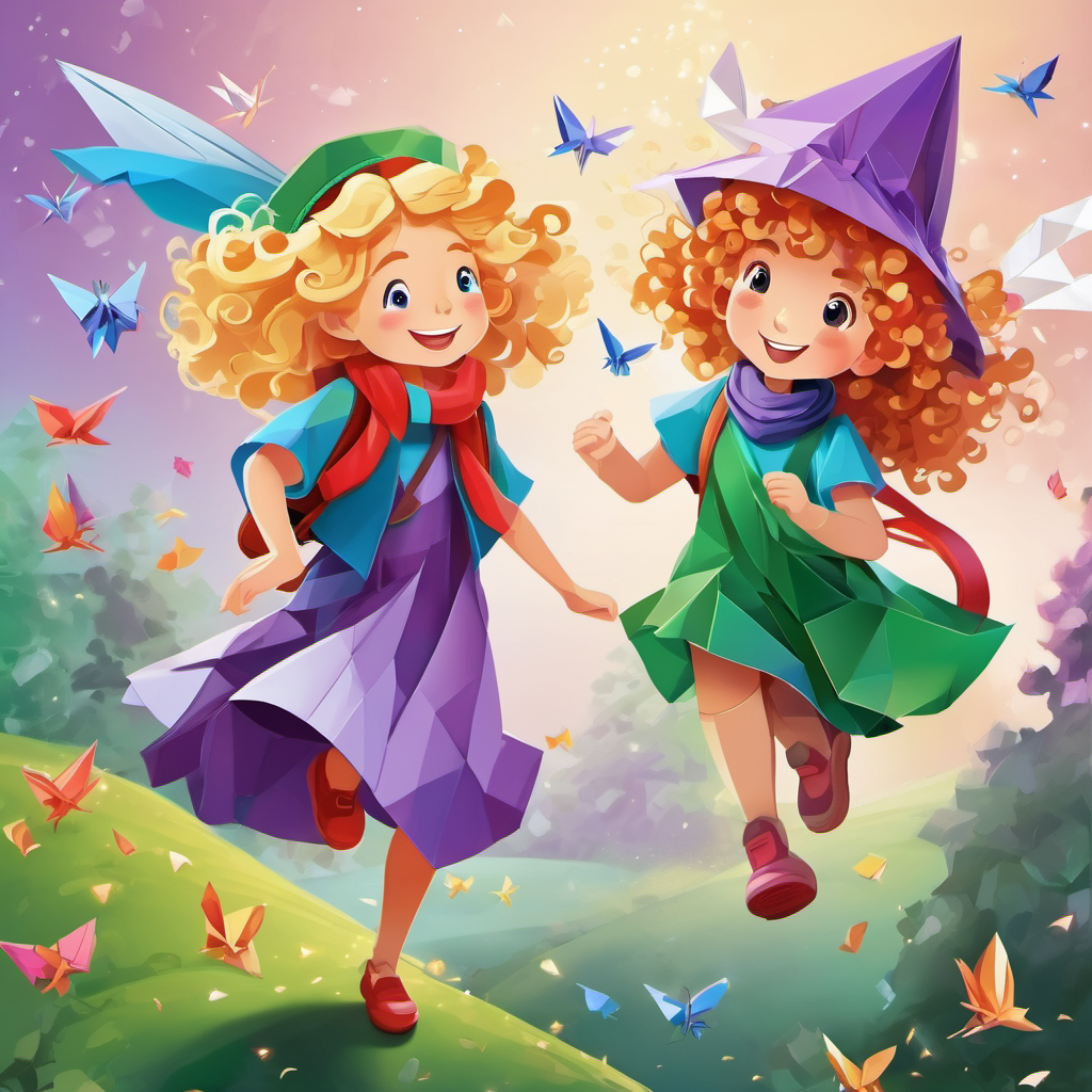 Curly-haired boy with a red backpack and a green hat and Blonde girl with a purple dress and a blue scarf flying with fairies, big smiles on their faces