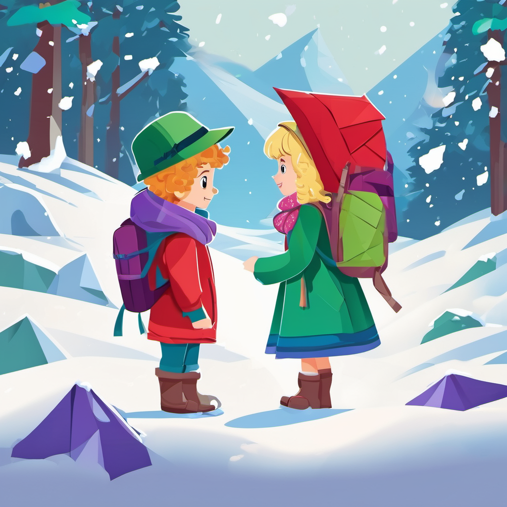 Curly-haired boy with a red backpack and a green hat and Blonde girl with a purple dress and a blue scarf standing in snow, looking at yeti footprints
