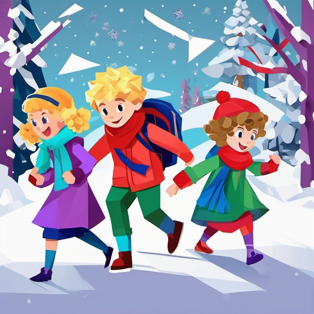 Curly-haired boy with a red backpack and a green hat, Blonde girl with a purple dress and a blue scarf, and the villagers having a snowball fight with the yeti