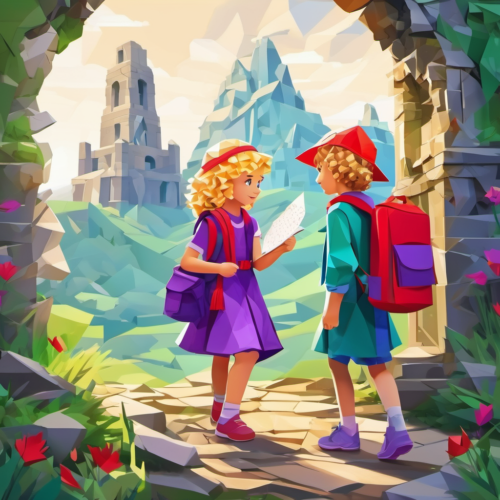Curly-haired boy with a red backpack and a green hat and Blonde girl with a purple dress and a blue scarf deciphering symbols while exploring the ruins