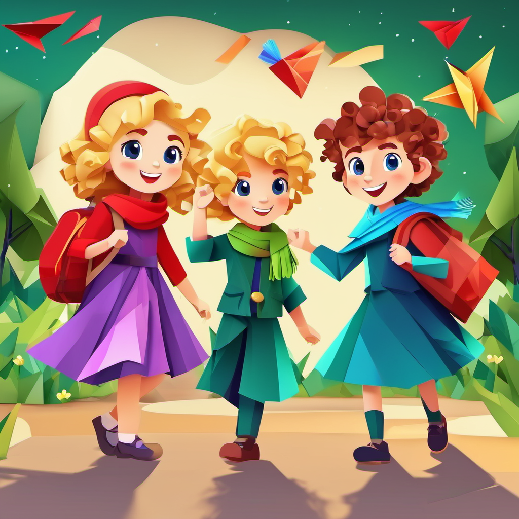 Curly-haired boy with a red backpack and a green hat and Blonde girl with a purple dress and a blue scarf waving goodbye, holding their treasure