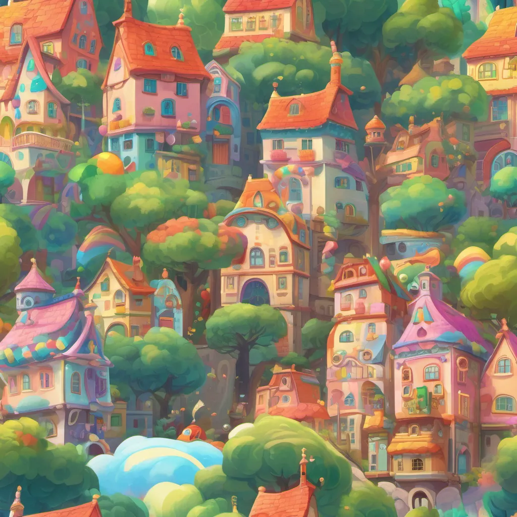 A colorful, whimsical town with playful buildings and streets. A whimsical creature with rainbow-colored hair, bouncy shoes, and a joyful personality, a creature with rainbow-colored hair and bouncy shoes, stands joyfully singing.