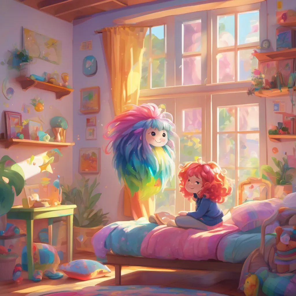 A whimsical creature with rainbow-colored hair, bouncy shoes, and a joyful personality bouncing out of bed, full of energy and happiness, as bright sunlight streams through the window. Her room is playful and colorful with whimsical decor.