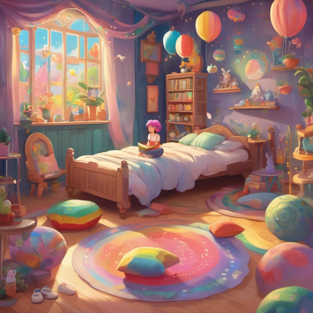 A whimsical creature with rainbow-colored hair, bouncy shoes, and a joyful personality happily tucked into her bed, dreaming with a smile on her face. Her room is filled with whimsical decorations, signifying a place of comfort and imagination.