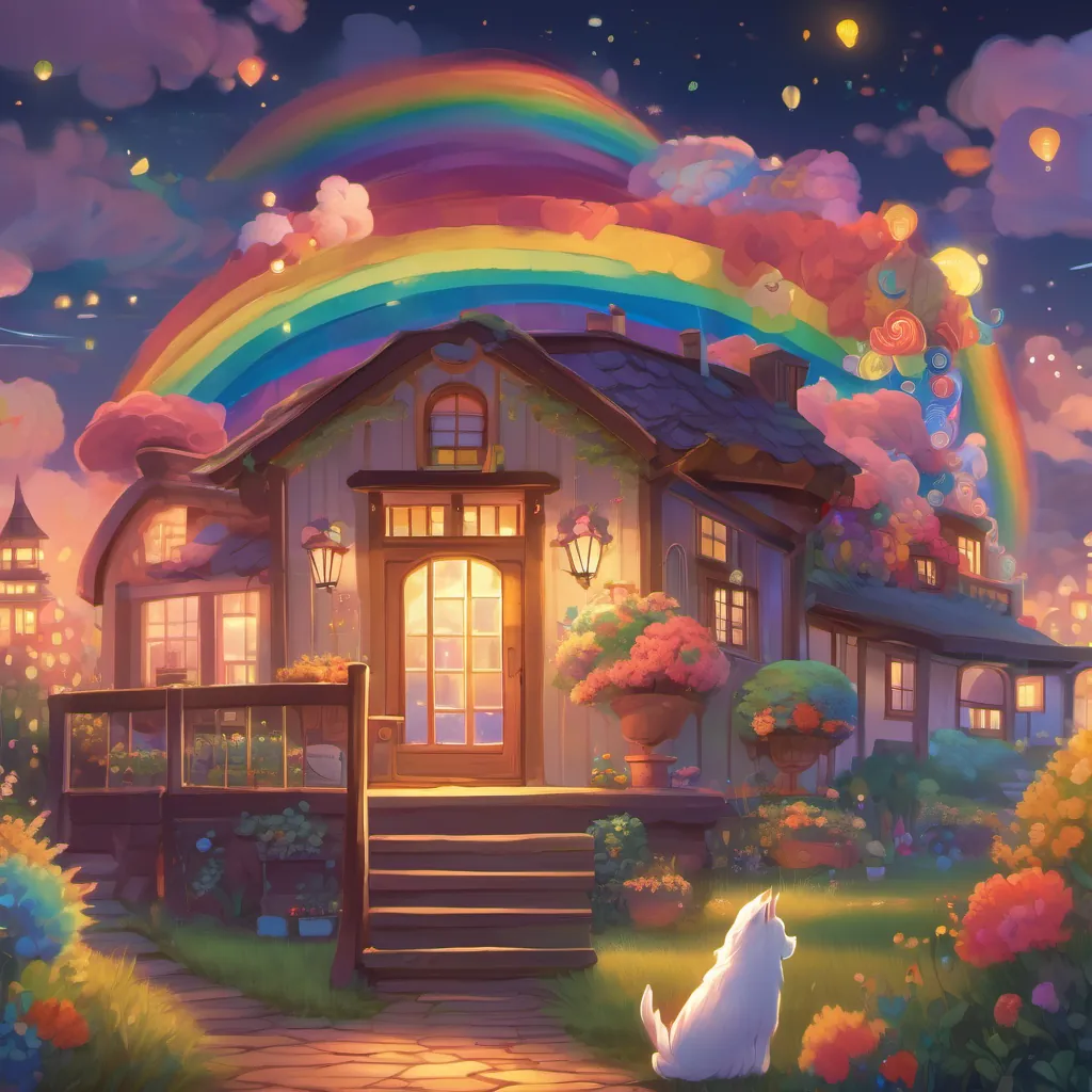 A closing scene of A whimsical creature with rainbow-colored hair, bouncy shoes, and a joyful personality’s house at night, with a gentle glow from inside, showing it as a place of warmth and love.