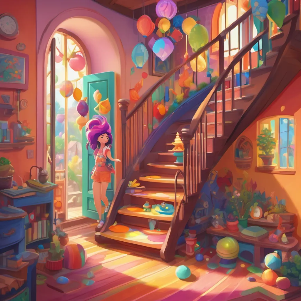 A whimsical creature with rainbow-colored hair, bouncy shoes, and a joyful personality hopping down a spiral staircase in her colorful house, filled with whimsical decorations. The door is open, showing the bright and joyful outside world.