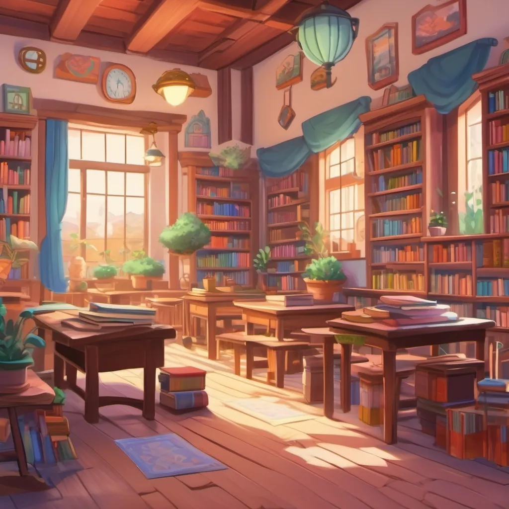 A colorful, small school building with walls painted with beautiful landscapes. Inside, there are lots of books, inkwells, and animated dancing pencils.
