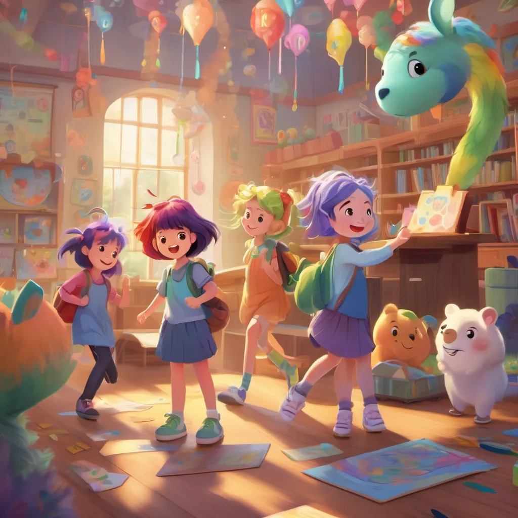 A classroom where numbers and letters are animated and playfully interacting. A whimsical creature with rainbow-colored hair, bouncy shoes, and a joyful personality and her classmates are engaged with stories that come to life.