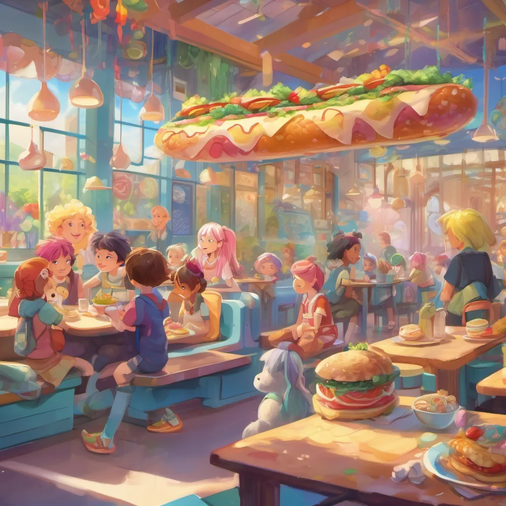 A whimsical creature with rainbow-colored hair, bouncy shoes, and a joyful personality and her classmates eating whimsical, tall sandwiches in a fantastical lunchroom. The atmosphere is joyful, and the food is playfully creative.