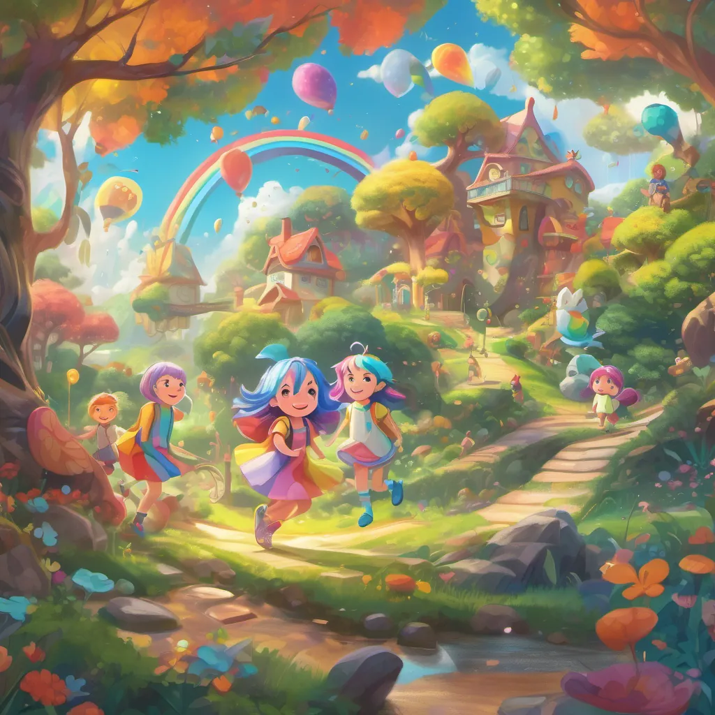 A whimsical creature with rainbow-colored hair, bouncy shoes, and a joyful personality and her friends playing outside in a vibrant, magical playground with streams, trees, and dream-like elements all around them.