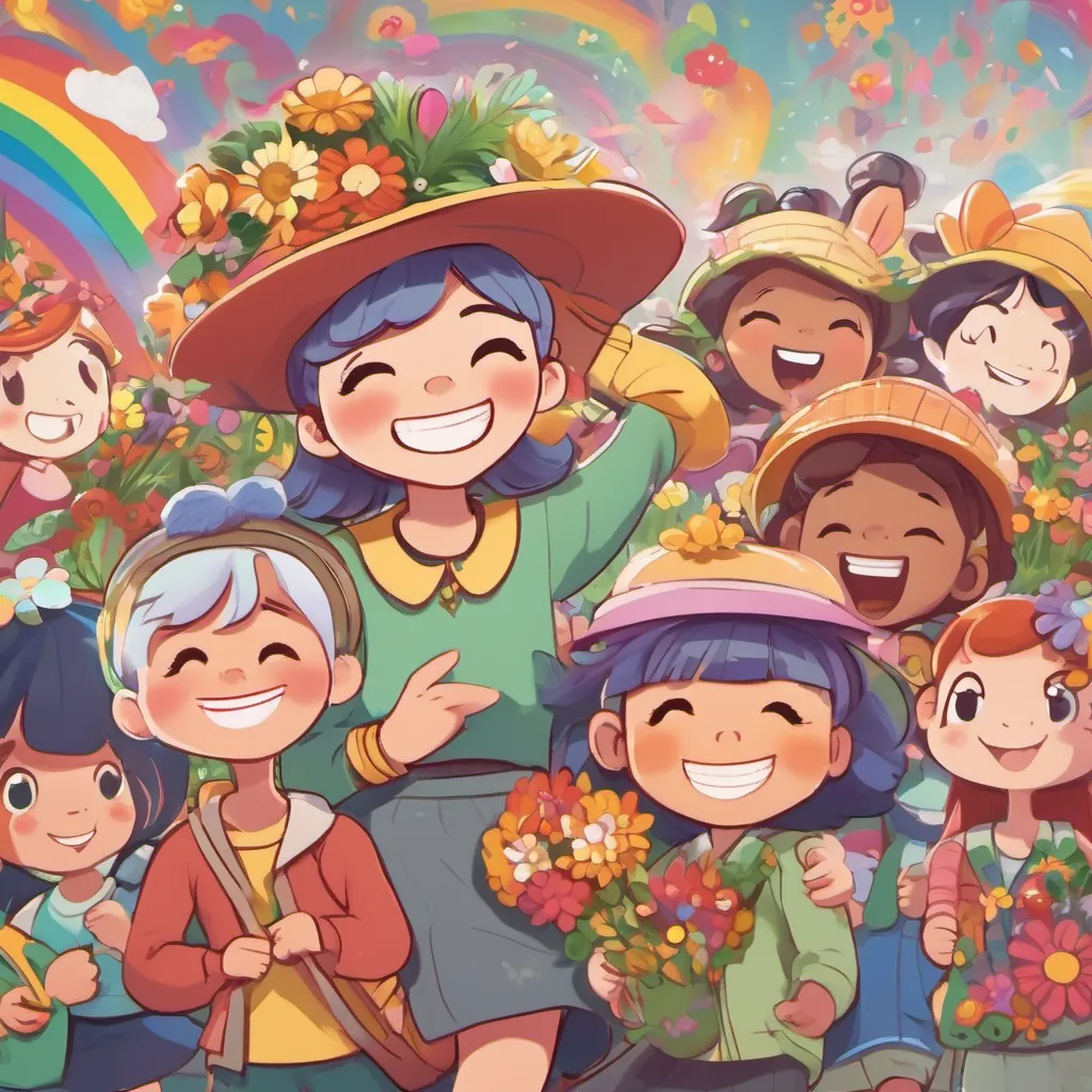 A fun-loving teacher with a hat full of flowers and a unique face like a bun leading A whimsical creature with rainbow-colored hair, bouncy shoes, and a joyful personality and her classmates in a cheerful song at the end of the school day. The classroom is filled with joy and excitement for the next day.