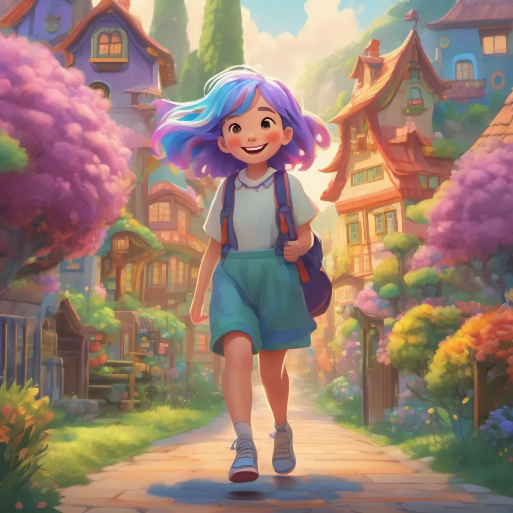 A whimsical creature with rainbow-colored hair, bouncy shoes, and a joyful personality skipping home with a big smile, passing by whimsical houses and scenery. Her face is full of joy as she thinks about her school adventures.