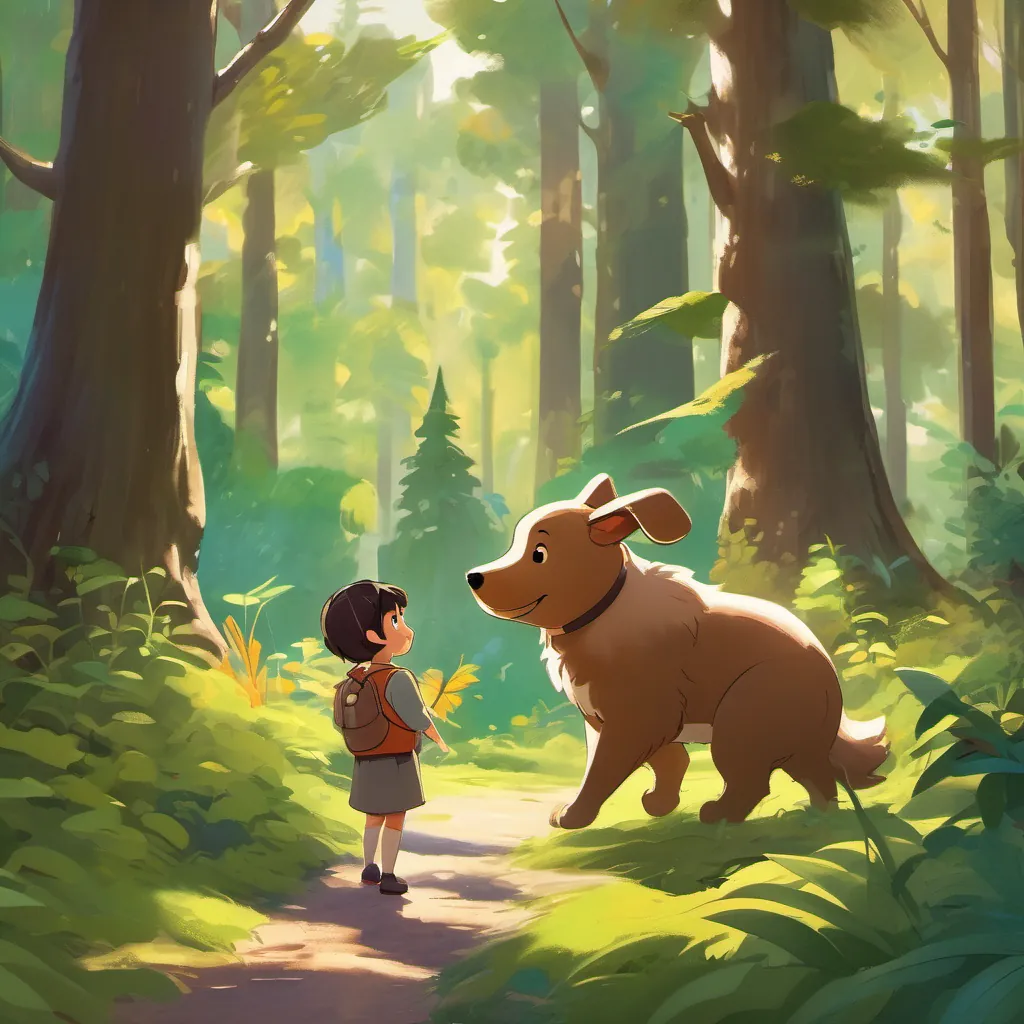 A vibrant forest with thick trees; a small child with a big smile holding a brown stuffed dog with long ears.