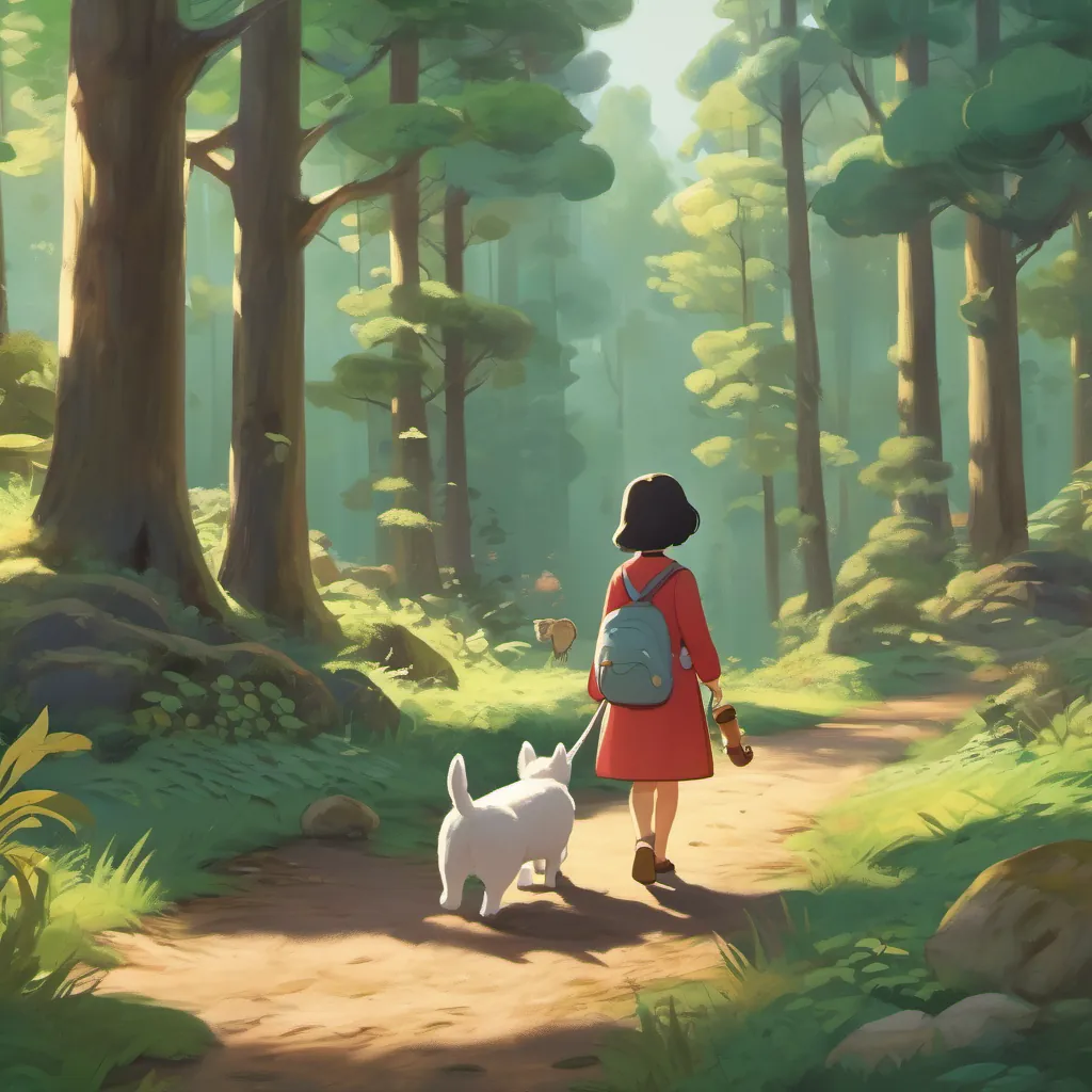 Anda and her stuffed dog walking through the forest, meeting various animals.