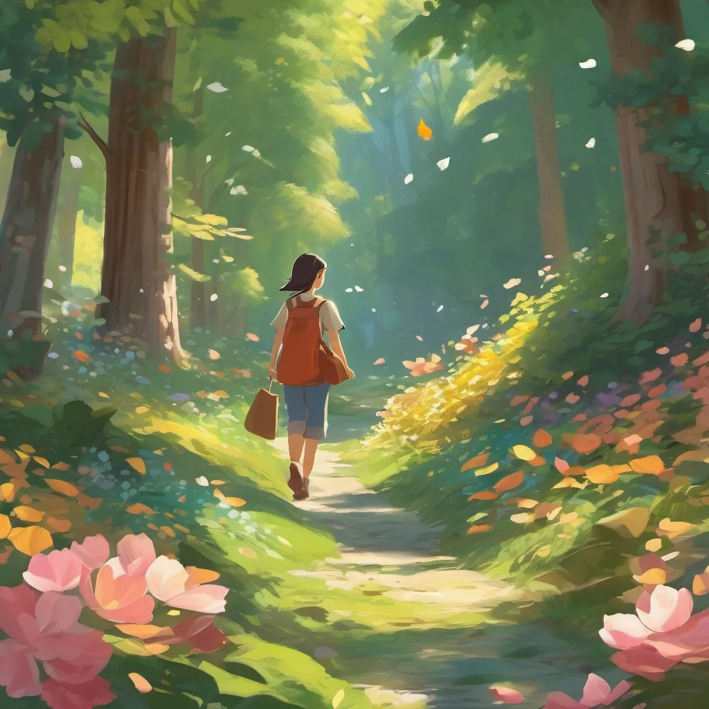 Sunny forest with Anda searching around flower petals and rustling leaves.