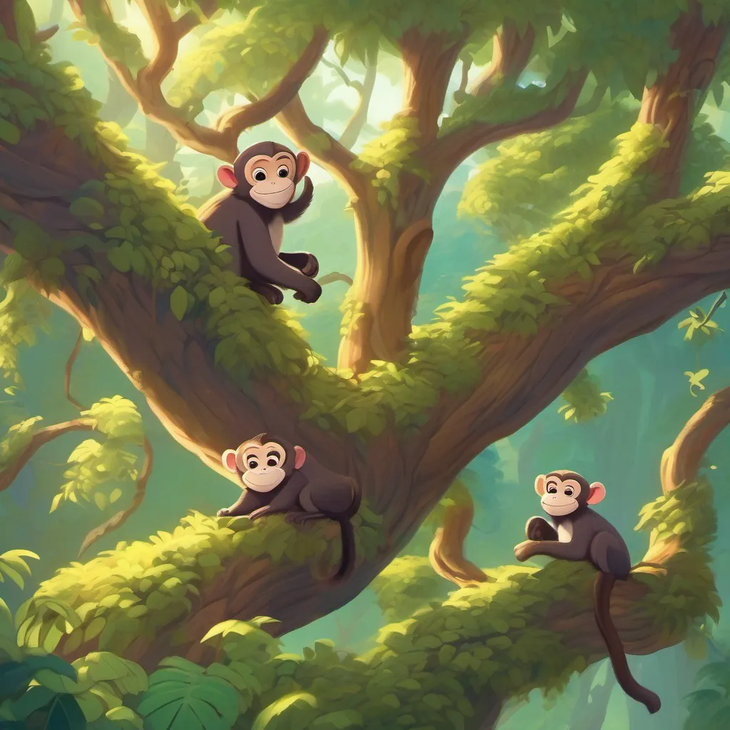 Monkeys in the treetops holding a stuffed dog, with mischievous grins.