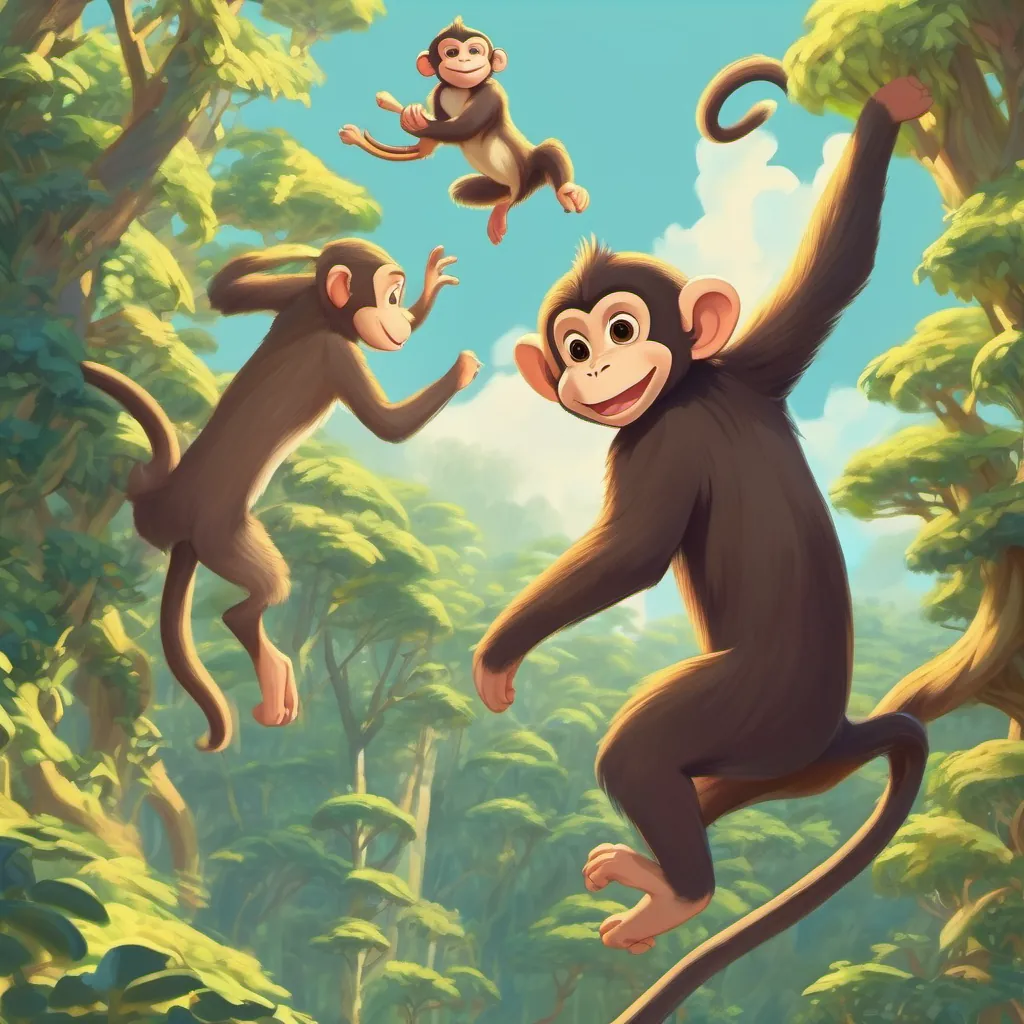 Monkeys jumping and dancing on the treetops while Anda looks up with a playful expression.