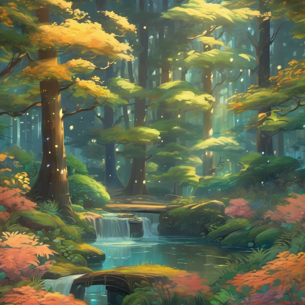 The forest glowing slightly with whimsically shimmering words floating around.