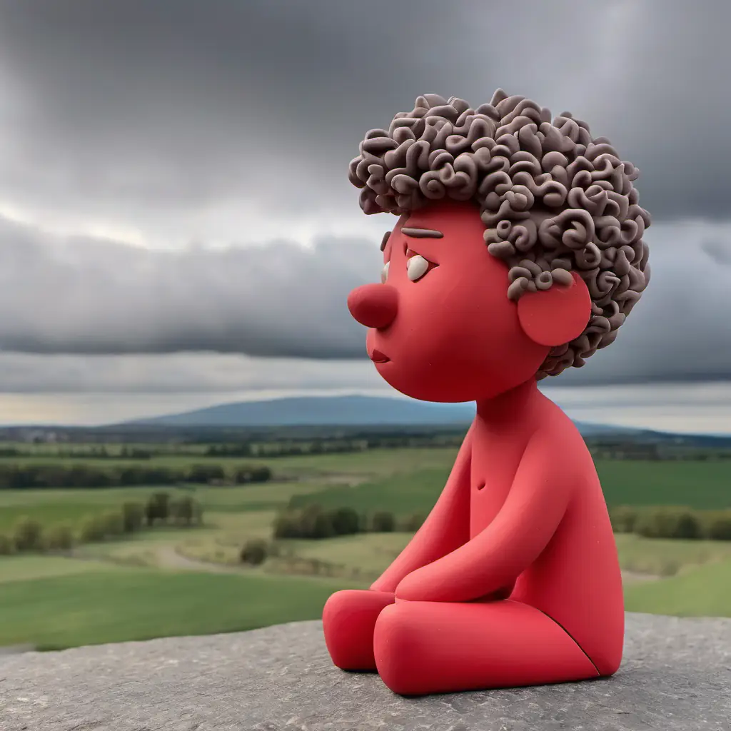 Curly-haired boy, red Big grey cloud, frown on face, puffy shape talking under the grey skies, with a sad-looking landscape in the background.