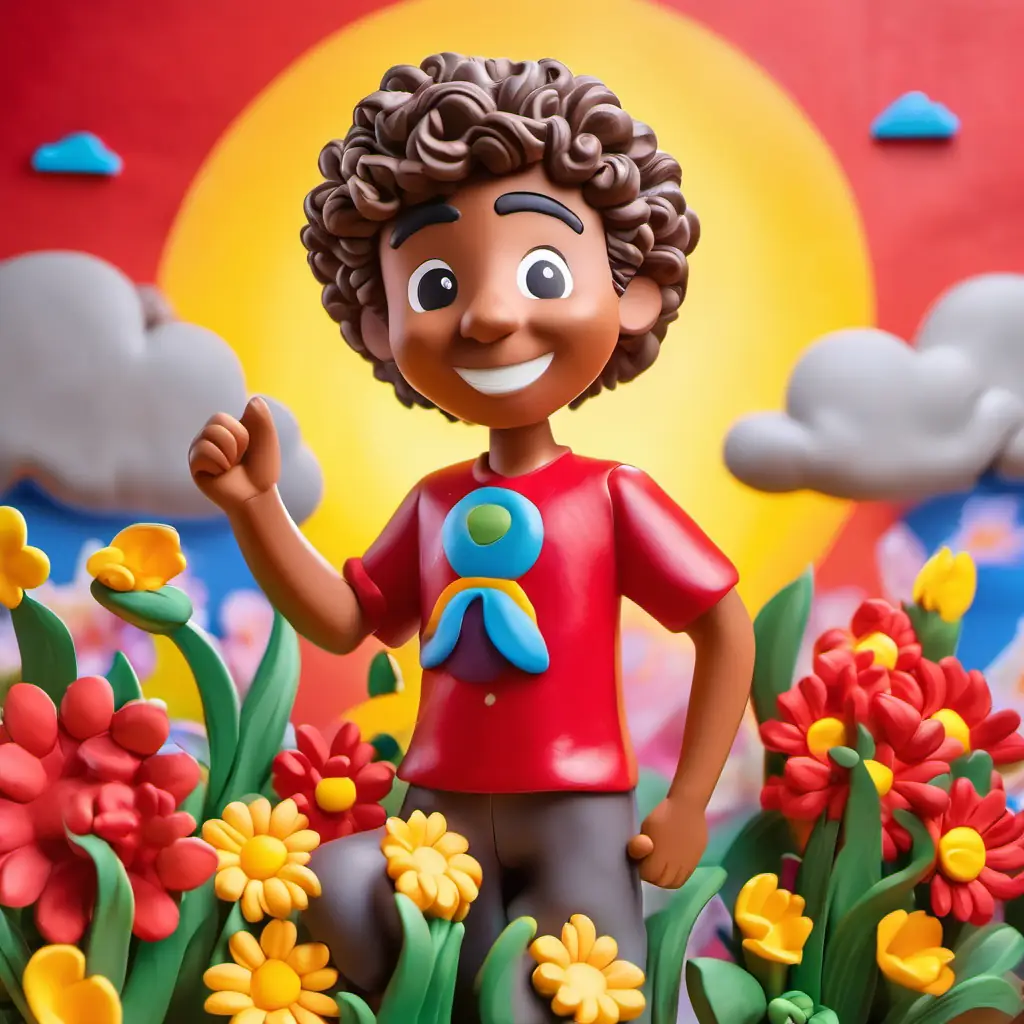 Curly-haired boy, red shirt, joyful expression, brown eyes, Big grey cloud, frown on face, puffy shape, and Golden sunbeam, cheerful face, glowing aura enjoying the sunny weather, with colorful flowers and happy animals around them.