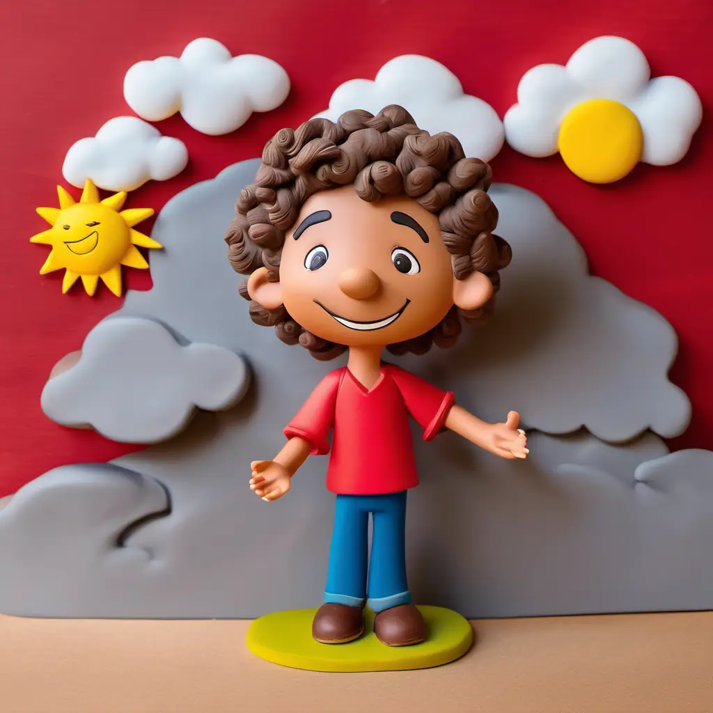 Curly-haired boy, red shirt, joyful expression, brown eyes, Golden sunbeam, cheerful face, glowing aura, and Big grey cloud, frown on face, puffy shape playing together, with the sky gradually clearing up and the sun shining through.