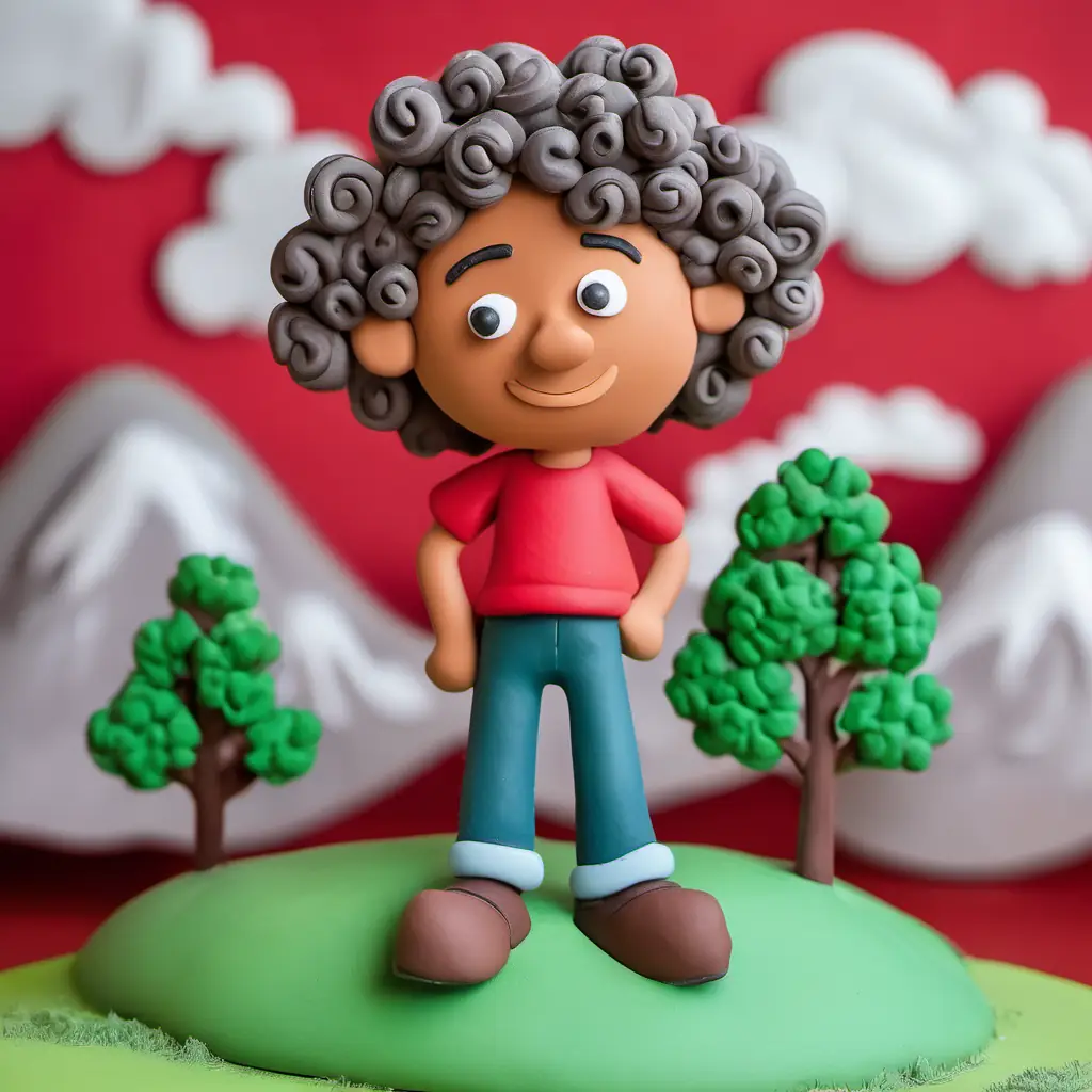 Curly-haired boy, red shirt, joyful expression, brown eyes is a curly-haired boy wearing a red shirt, playing in a green field with trees and hills in the background. Big grey cloud, frown on face, puffy shape is a big grey cloud covering the sky.