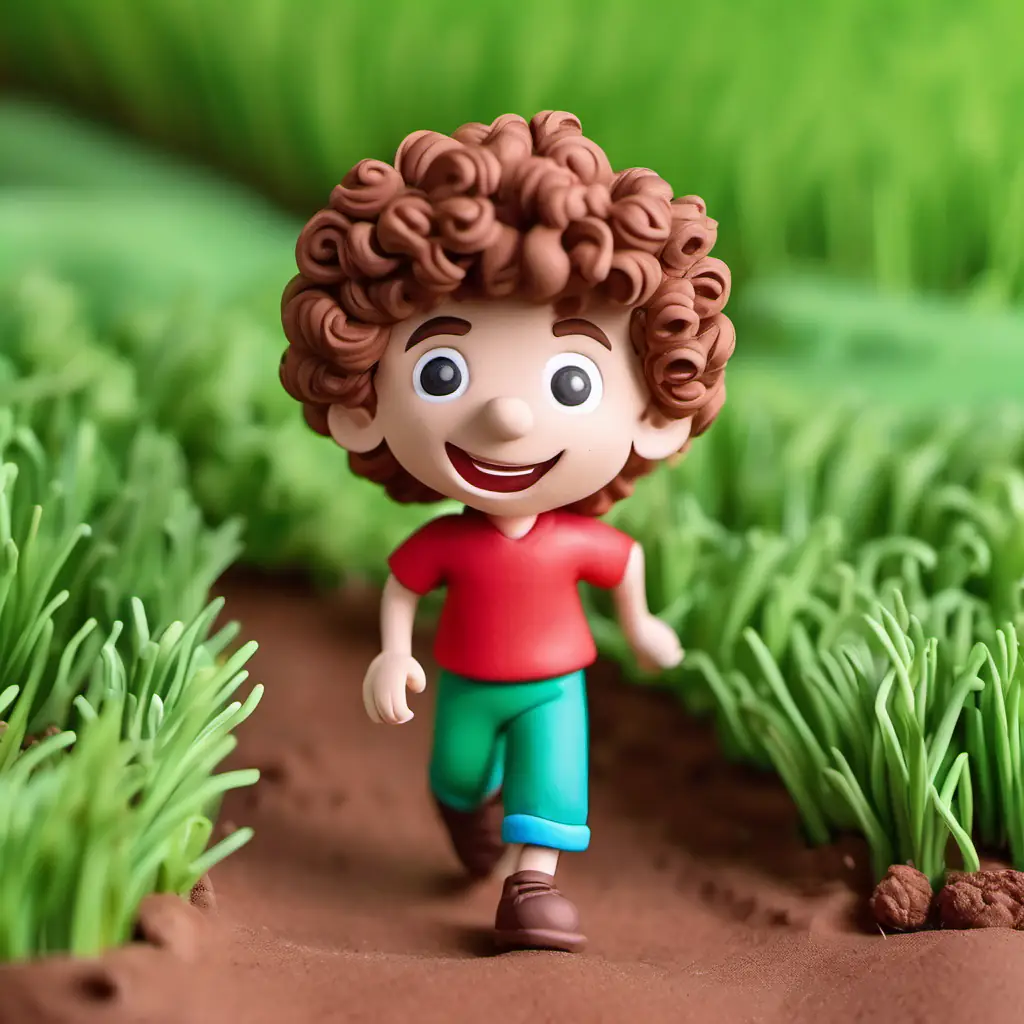 Curly-haired boy, red shirt, joyful expression, brown eyes, walking through a green field