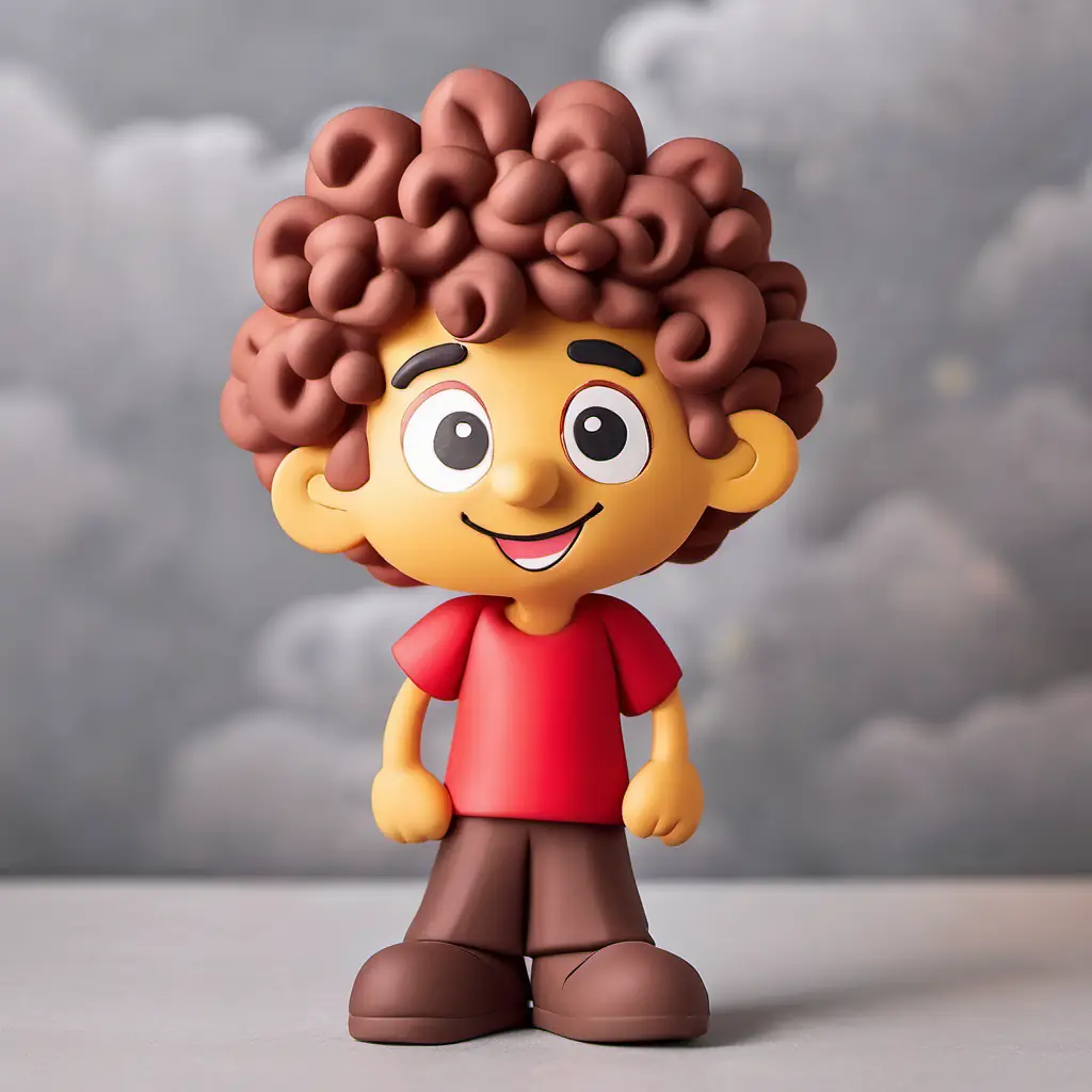 Curly-haired boy, red shirt, joyful expression, brown eyes, Big grey cloud, frown on face, puffy shape, and Golden sunbeam, cheerful face, glowing aura standing together 