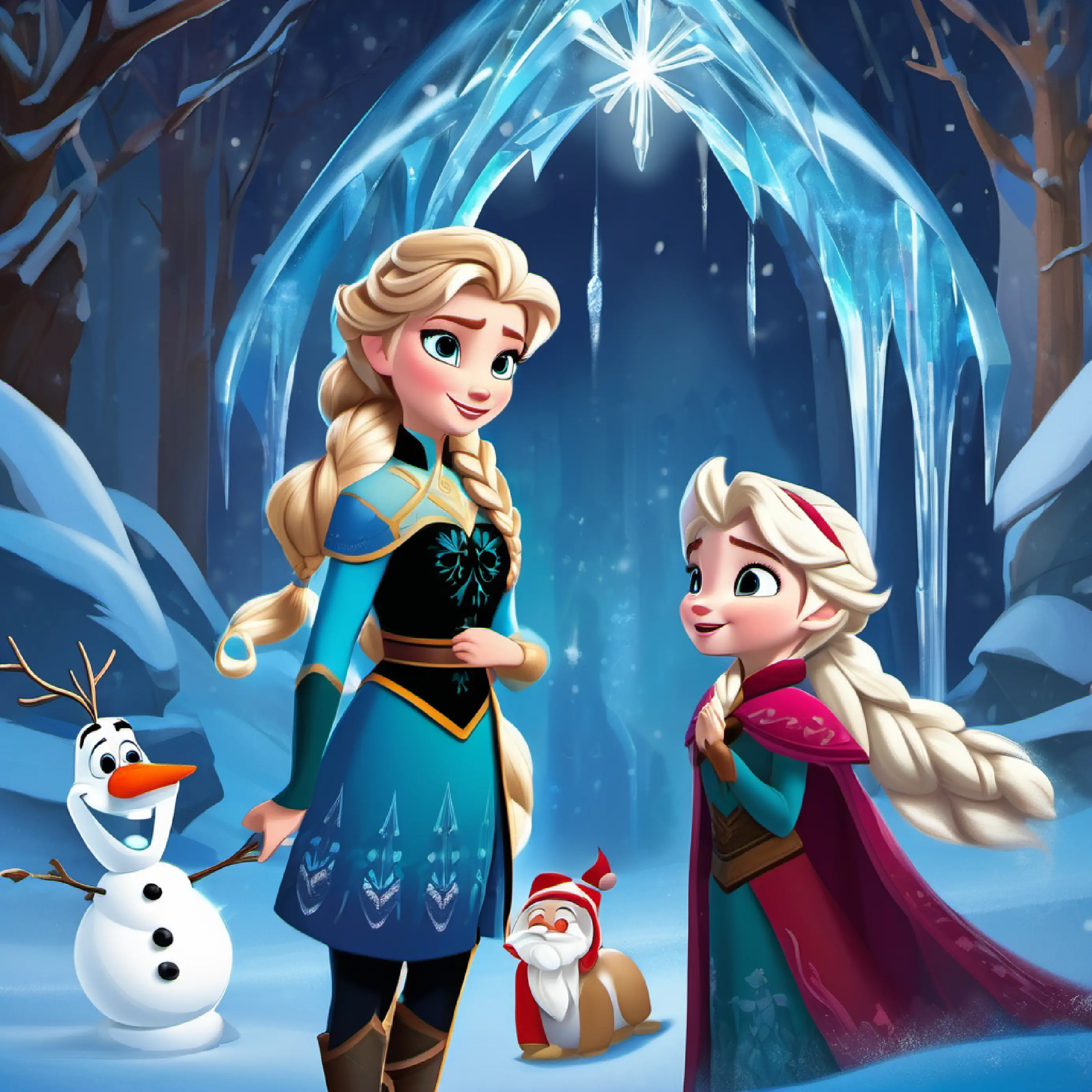 During the argument, Elsa’s emotions got the best of her, and she accidentally revealed her ice powers to the guests. In fear and panic, she fled the castle, unintentionally plunging Arendelle into an eternal winter. Elsa ran to the North Mountain, where she built herself an ice palace, embracing her powers in solitude.  Anna, determined to bring Elsa back, set off on a journey. Along the way, she met an ice harvester named Kristoff and his loyal reindeer, Sven. They also encountered Olaf, a cheerful snowman Elsa had unknowingly brought to life. With their help, Anna reached Elsa’s palace.