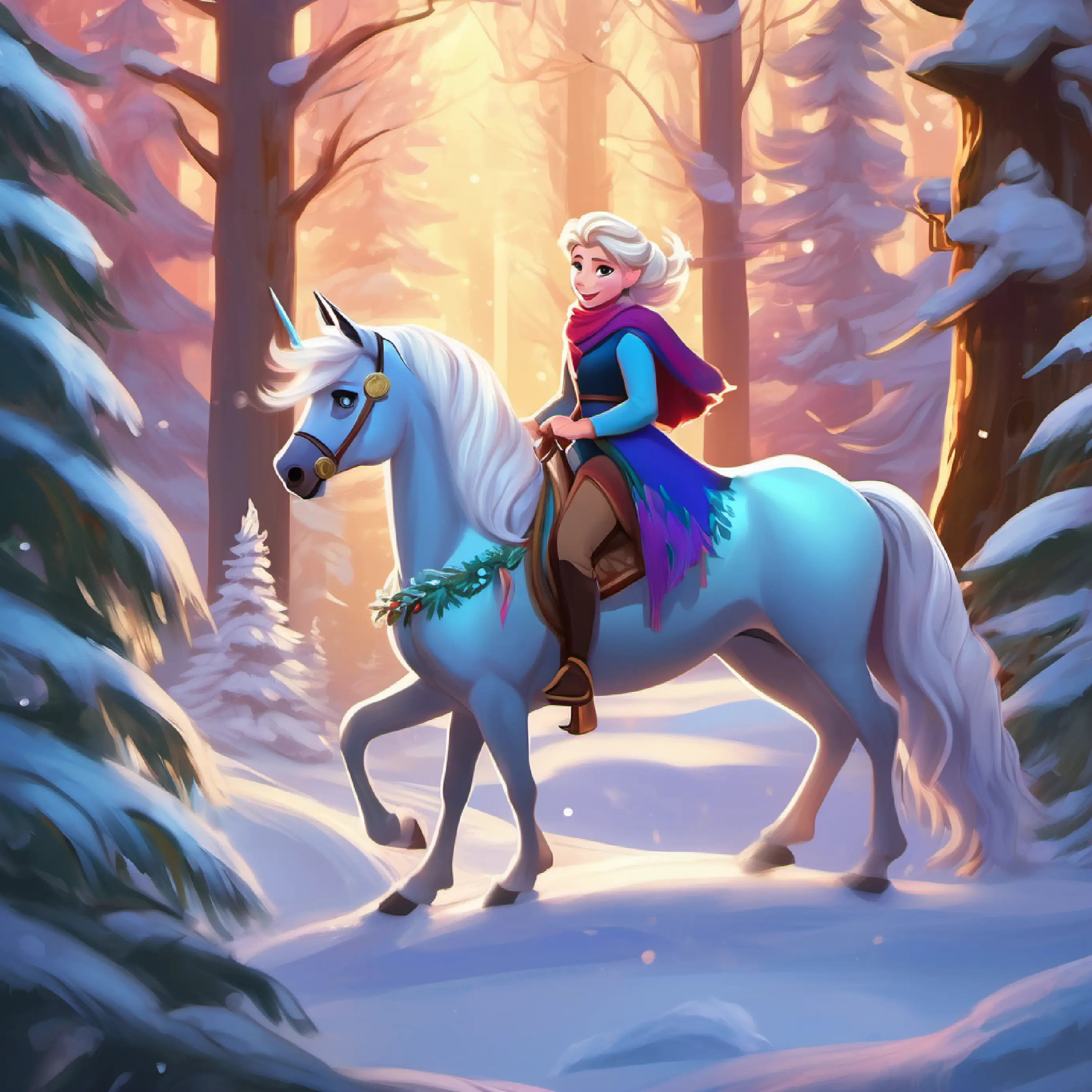 Elsa and Anna explored a magical forest, encountering fairy wings, trolls, and a majestic unicorn. The unicorn, adorned with snow, approached them with warmth and invited them to ride on its back, guiding them deeper into the forest.