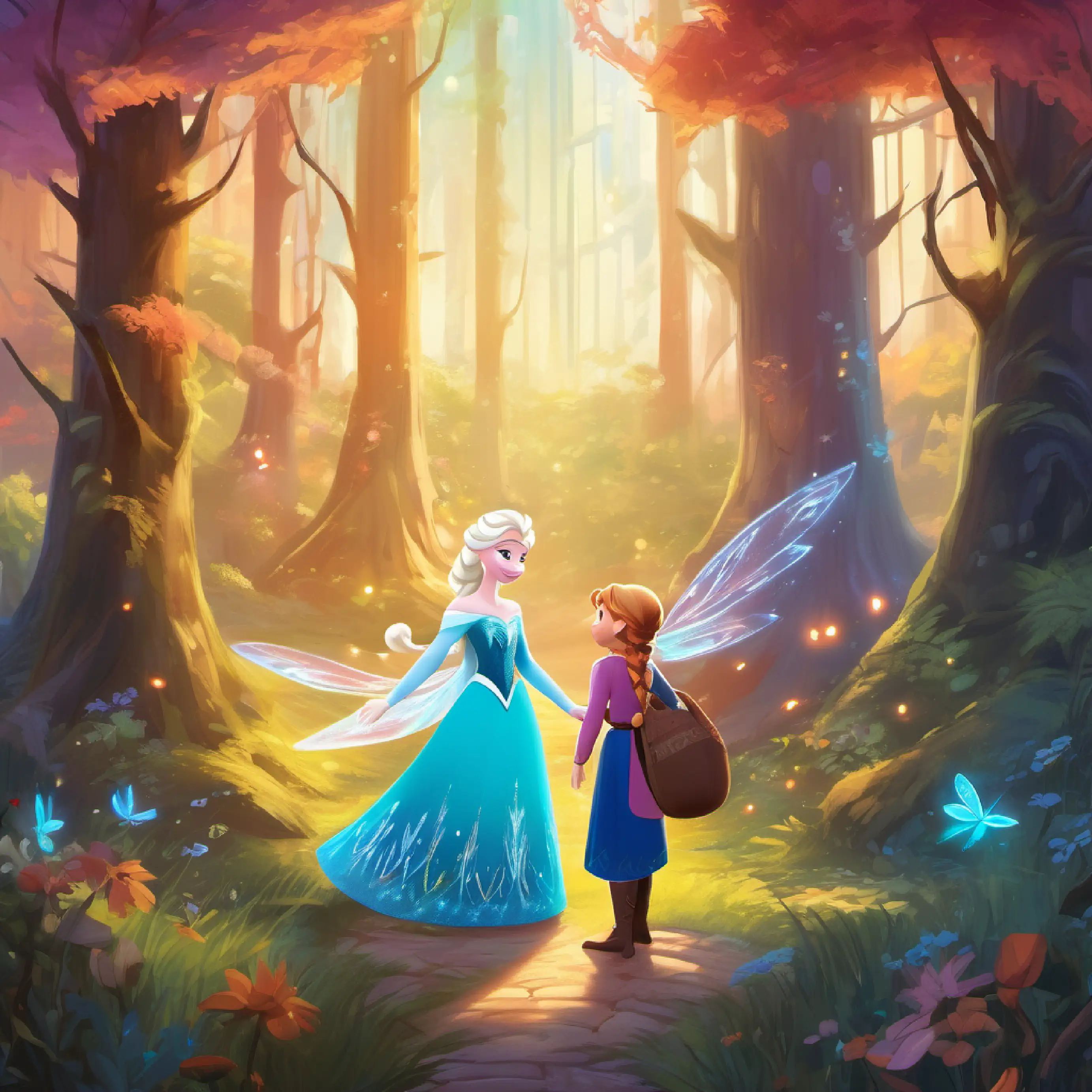 princess Elsa and sister Anna explored an enchanted forest, encountering magical creatures like fairy wings and a family of friendly trolls who offered wise advice.