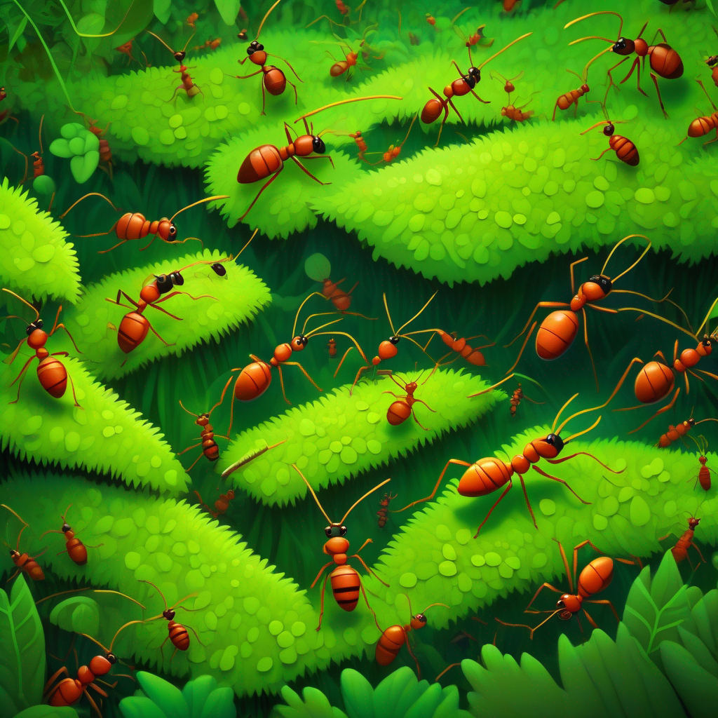 A big ant colony in a green forest, ants working together