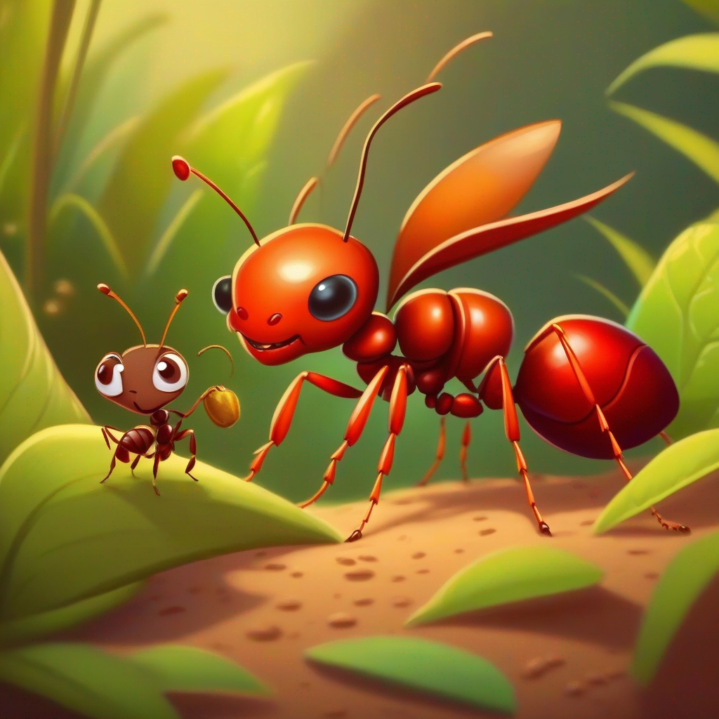 A small brown ant with a curious smile stealing food, A strong red ant with sharp mandibles catching him, queen ant listening