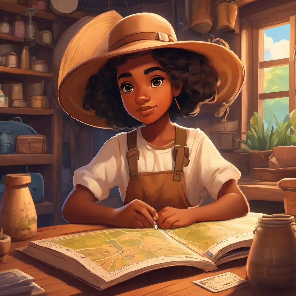 Emma is a curious girl with brown skin and dark eyes, wearing a hat packs essentials for the trip, including an old map.