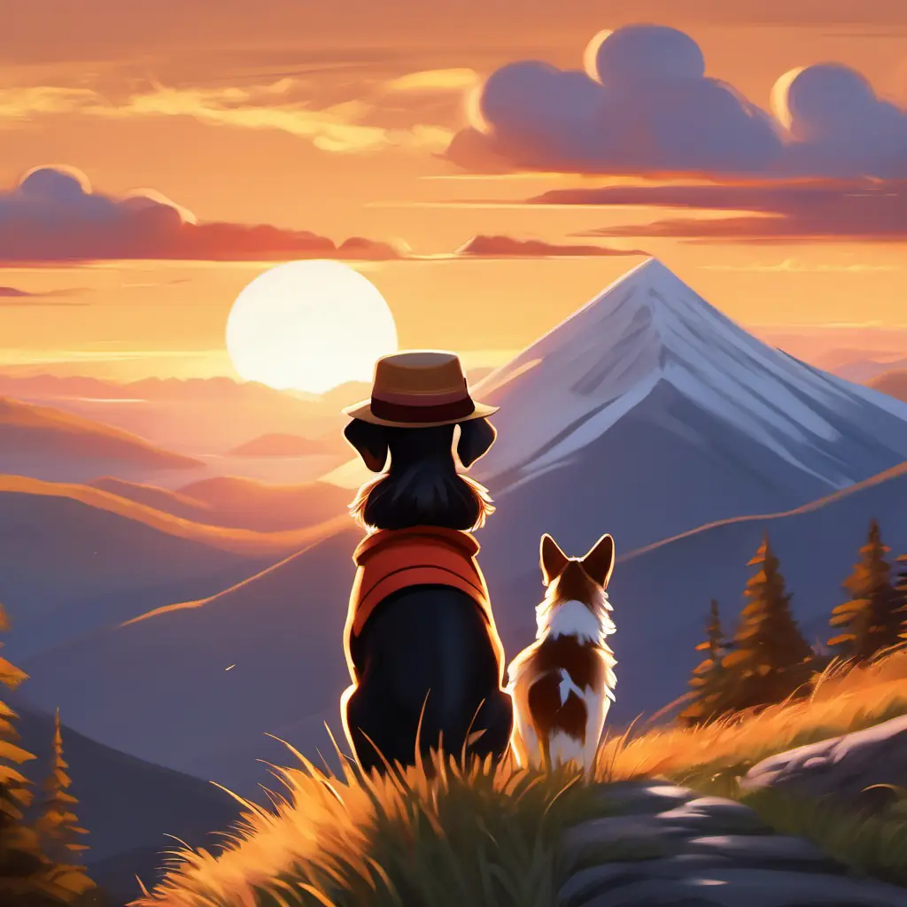 Sunset starts while Emma is a curious girl with brown skin and dark eyes, wearing a hat and Spot is a playful, fluffy dog with black and white fur and bright eyes head back down the mountain.