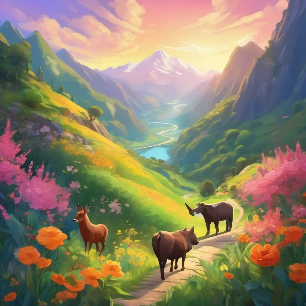 The journey begins at a vibrant mountainside with animals and flowers.