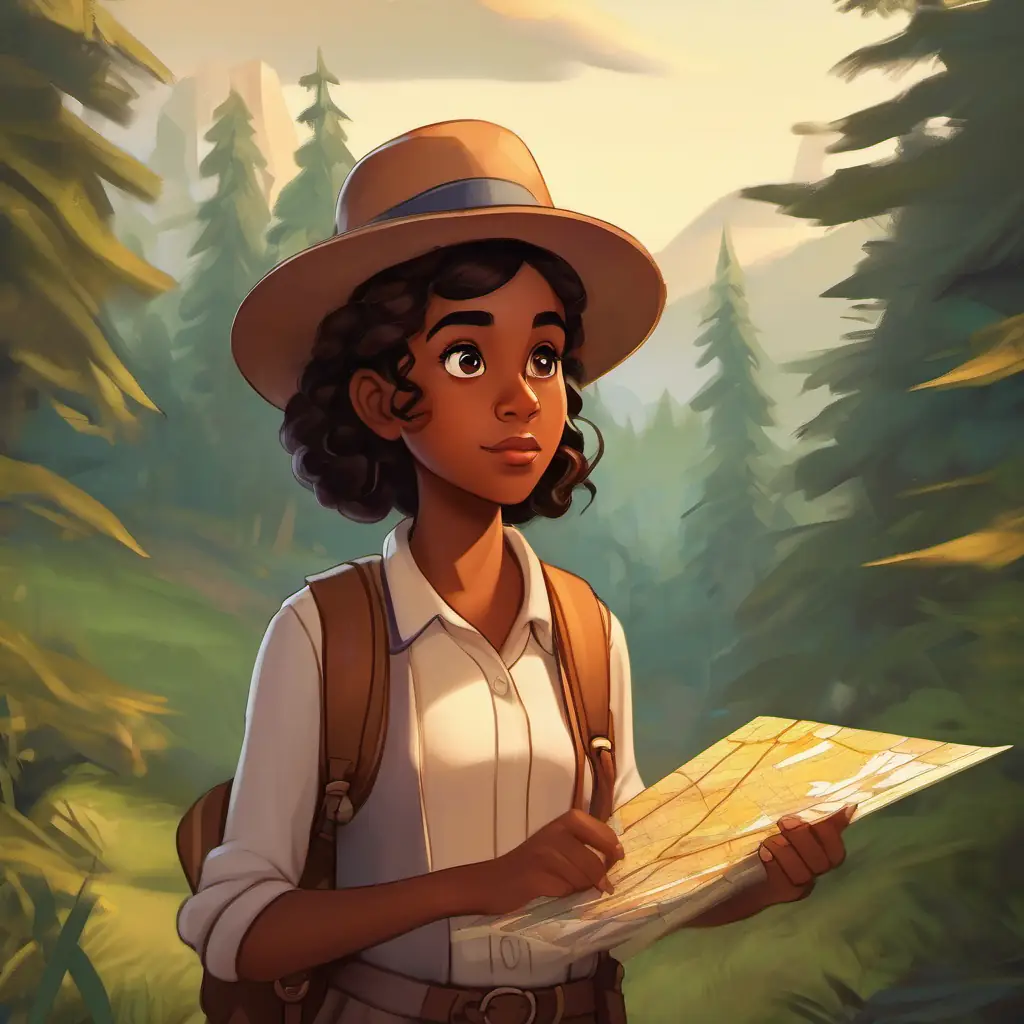 They follow trail signs; Emma is a curious girl with brown skin and dark eyes, wearing a hat focuses on navigating with the map.