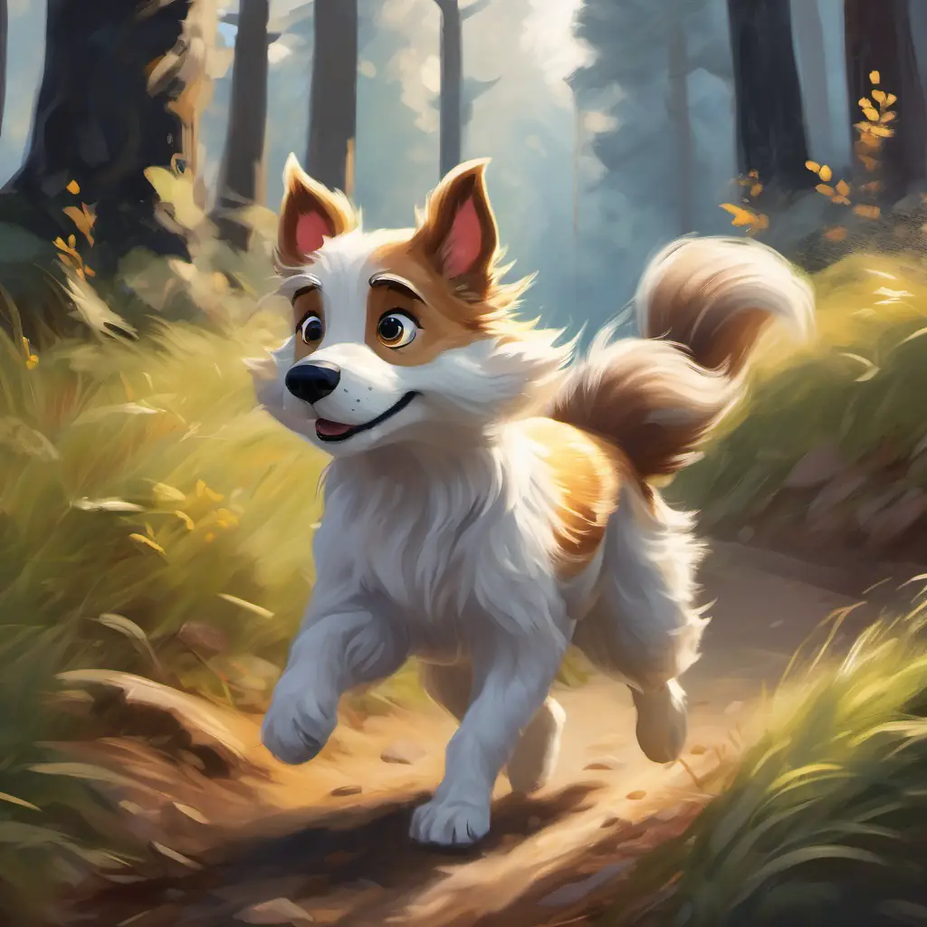 Spot is a playful, fluffy dog with black and white fur and bright eyes chases a squirrel, adding excitement to their hike.