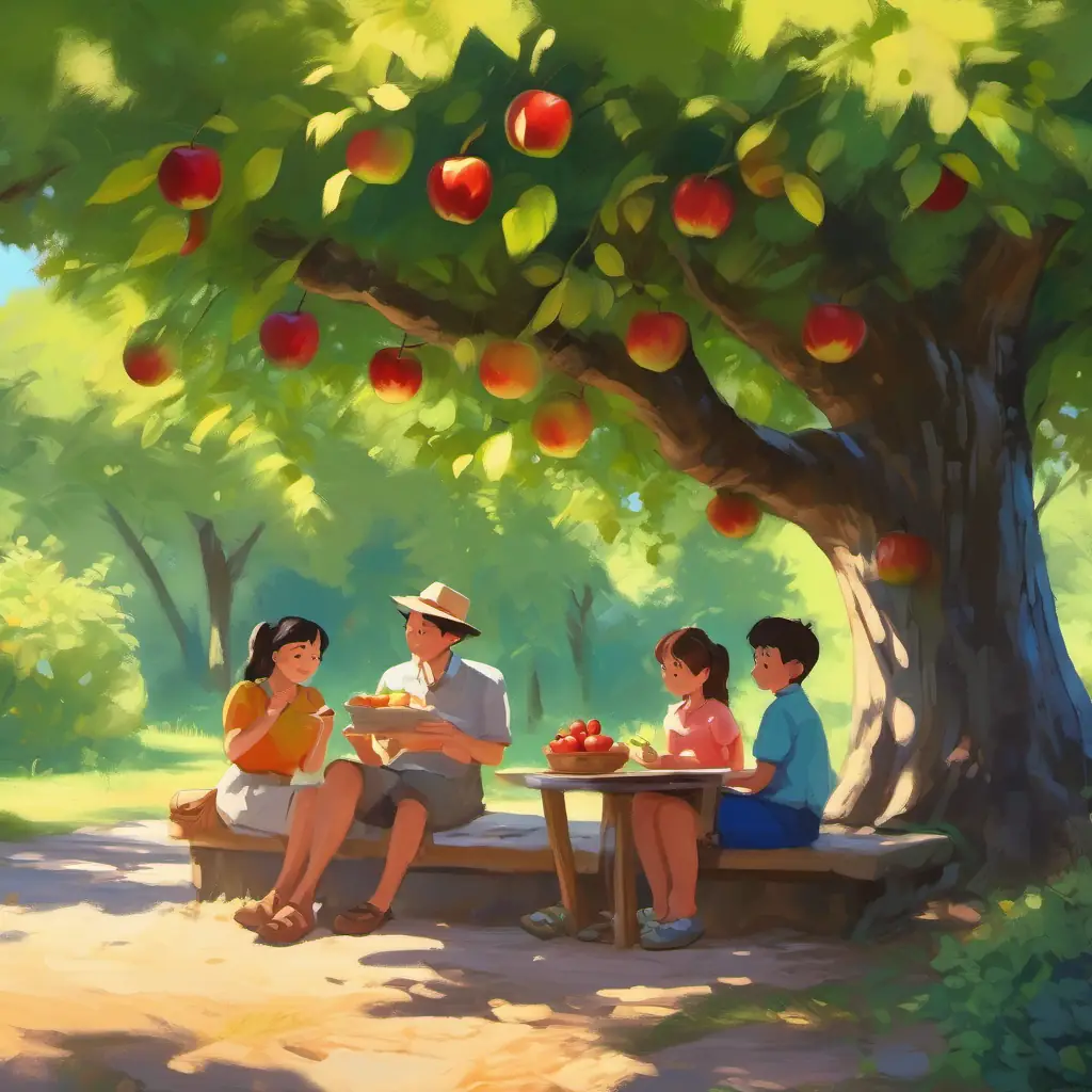 Lunch break under the shade, sharing an apple together.