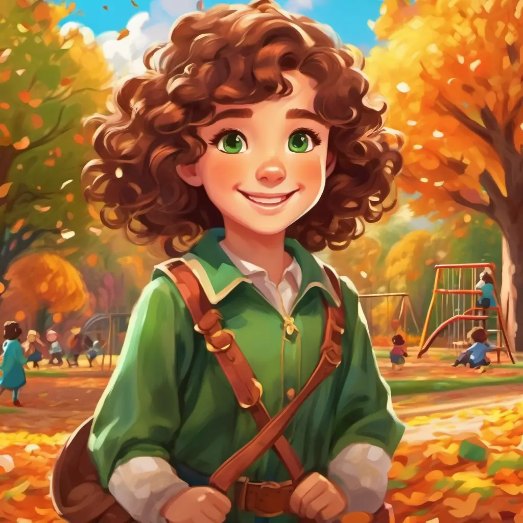 Magical land, Curly brown hair, green eyes, happy smile, playing rough, colorful playground