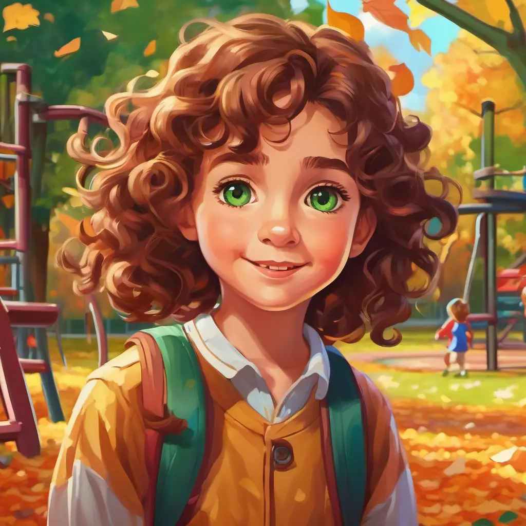 Children not wanting to play, sad Curly brown hair, green eyes, happy smile, colorful playground