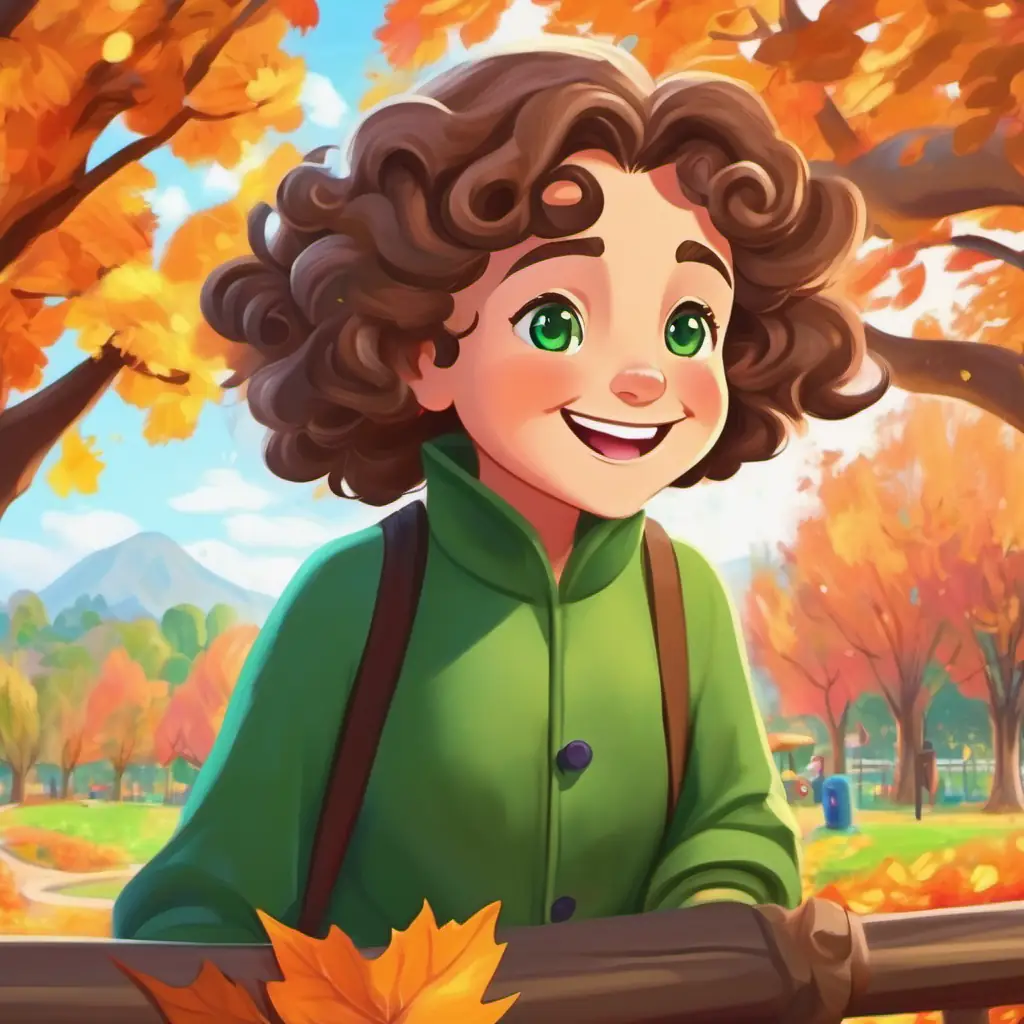 Wise grandmother, Curly brown hair, green eyes, happy smile asking for help, colorful playground