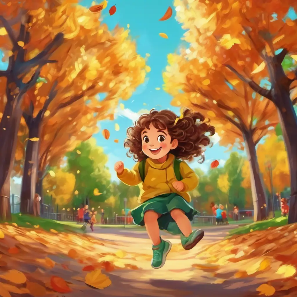 Curly brown hair, green eyes, happy smile playing nicely, colorful playground, happy children