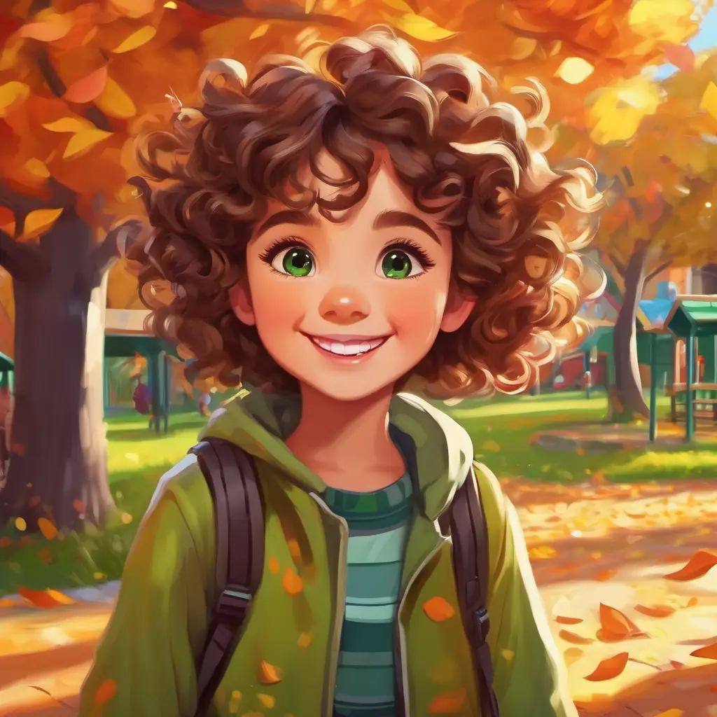 Happy Curly brown hair, green eyes, happy smile, playing with friends, colorful playground