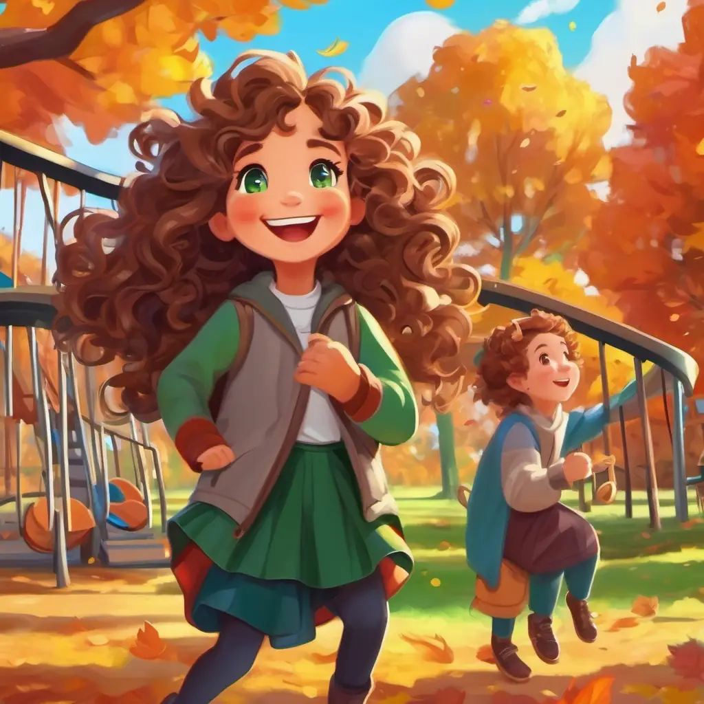 Happy Curly brown hair, green eyes, happy smile and friends, colorful playground, having fun