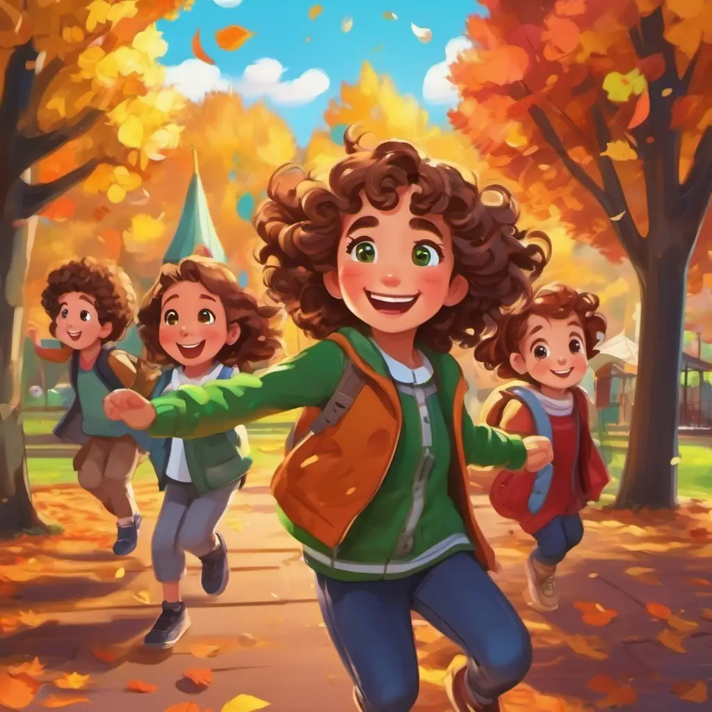 Happy Curly brown hair, green eyes, happy smile and friends, colorful playground, having fun