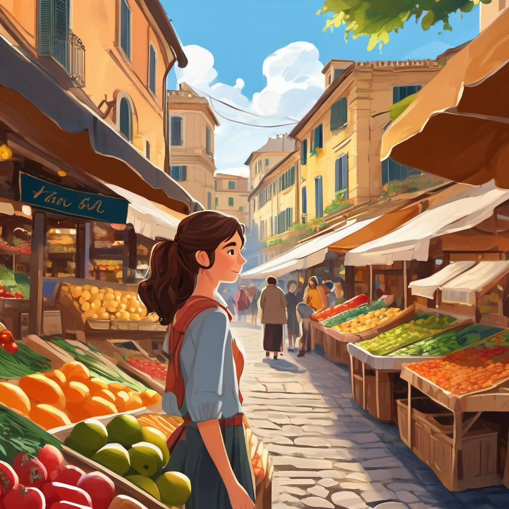 Brown hair, bright eyes, full of curiosity and excitement, a young girl with brown hair and bright eyes, stands in an open-air market in Rome. Behind her, there are colorful stalls selling fresh fruits, vegetables, and local crafts. The tall buildings and historic landmarks of the city can be seen in the distance.